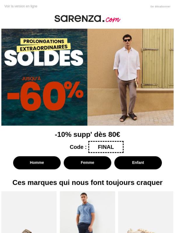 DERNIERS JOURS : Levi’s, adidas, Lacoste… ☀️ -10% supp’ dès 80€