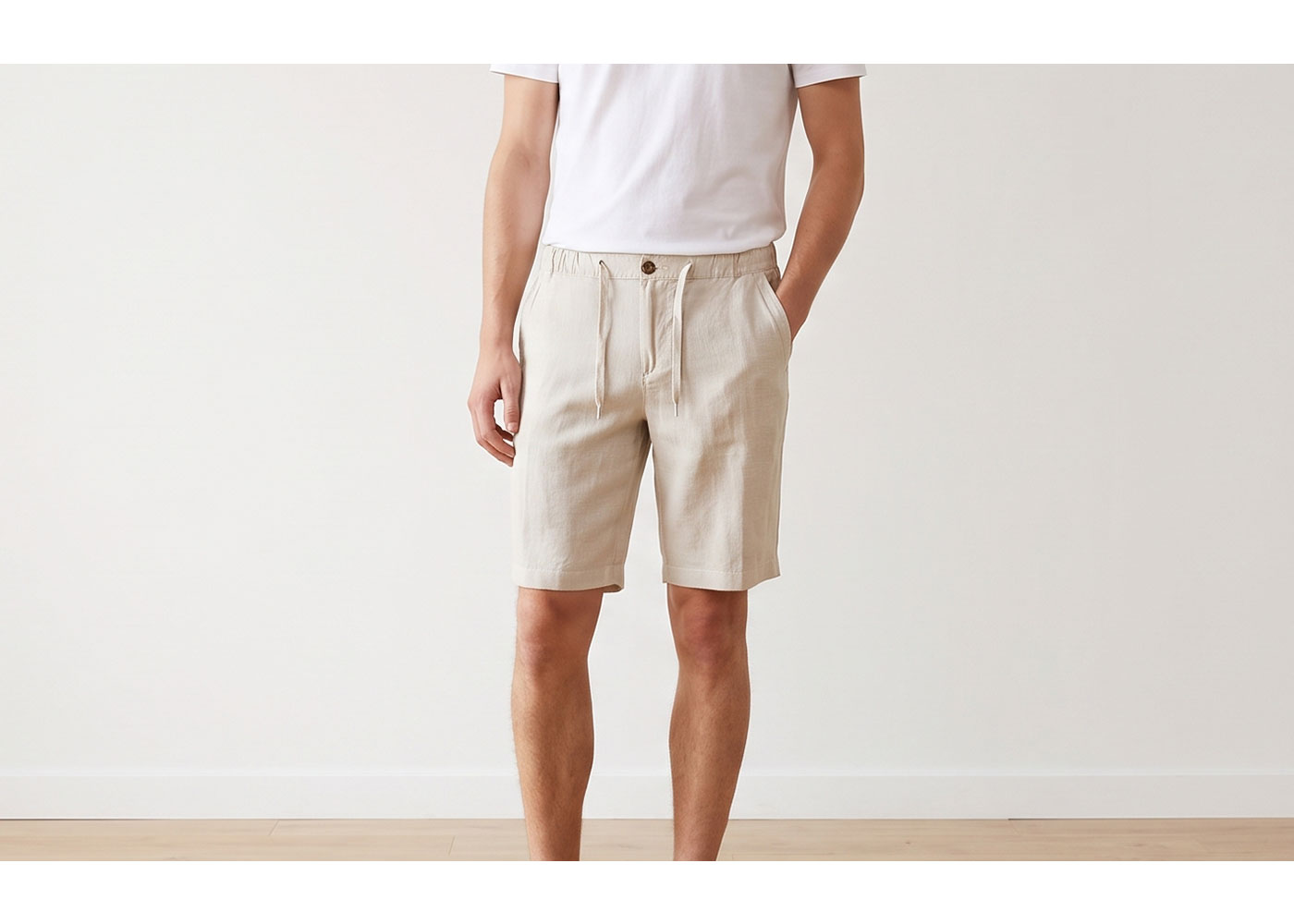 Model wearing beige drawstring linen shorts and white T-shirt, front view with hands in pockets against a neutral background