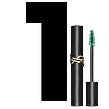 Un grande numero "1" nero accanto a un mascara YSL Lash Clash in un tubetto nero con uno scovolino verde.