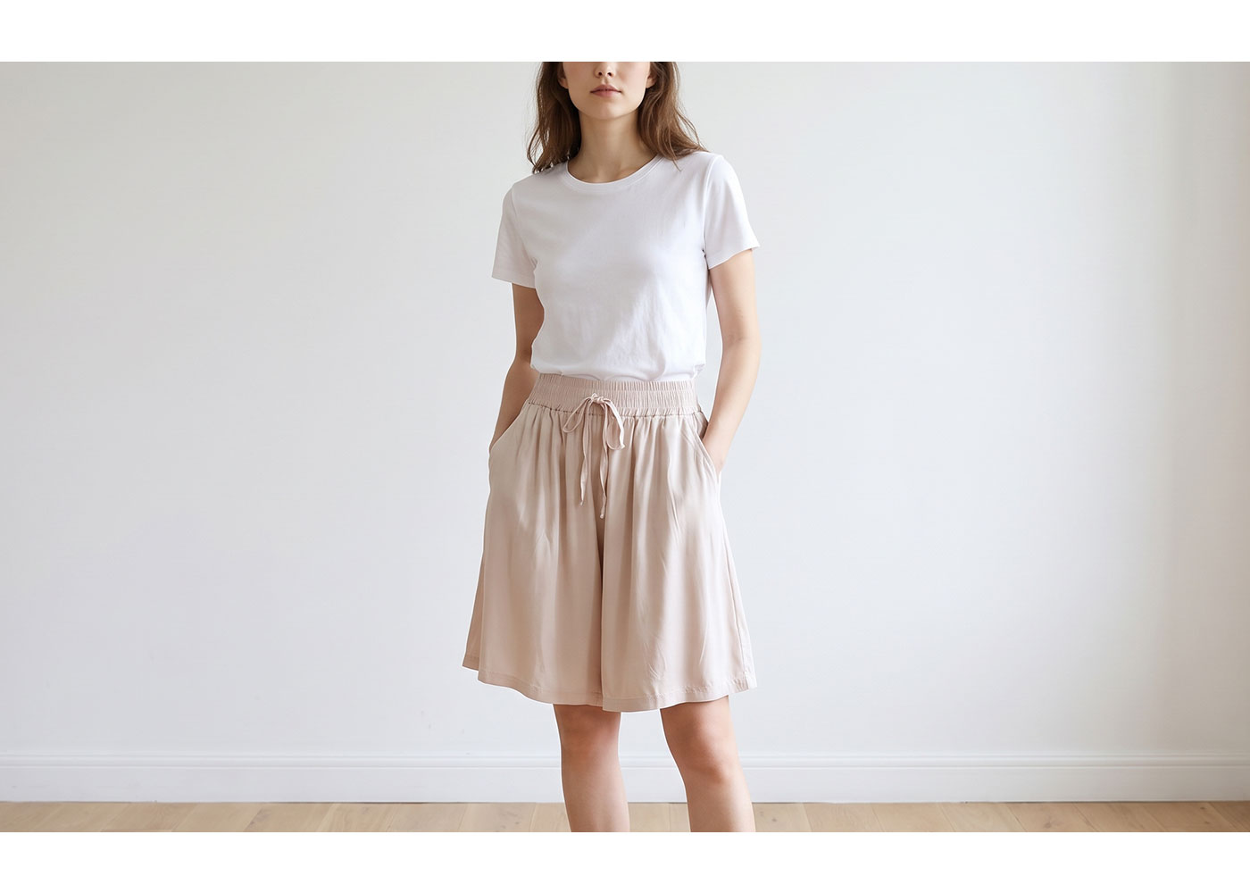 Woman wearing white t‑shirt and beige drawstring wide‑leg shorts, hands in pockets, standing against plain white wall