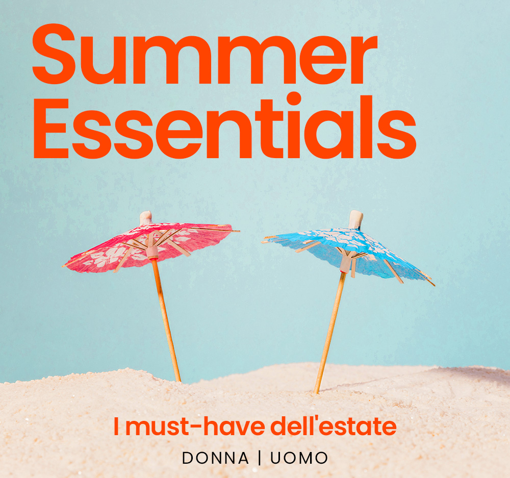Poster reading 'Summer Essentials' showing two colourful cocktail paper umbrellas in sand against a pale blue background, summer beach promotion