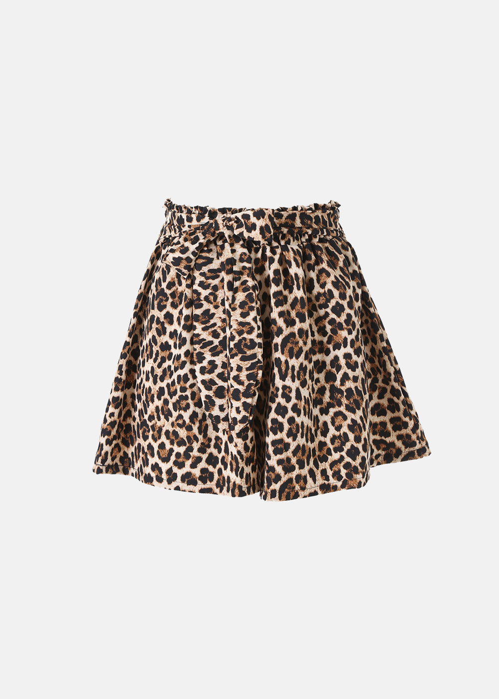 Leopard print paperbag-waist mini skirt with tie belt, flared A-line silhouette in beige and black