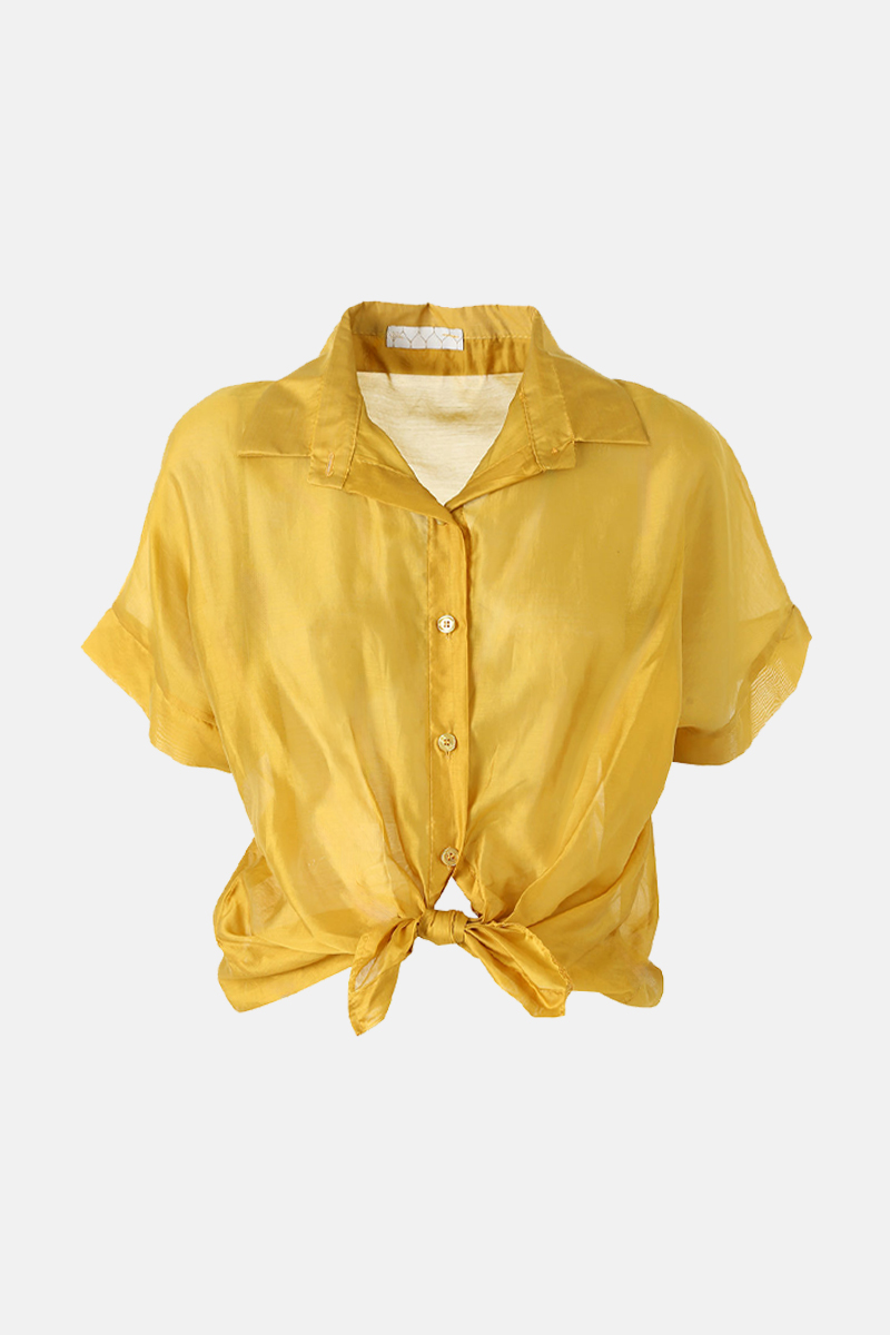Yellow women's short-sleeved sheer tie-front button-up blouse with collar, lightweight summer top
