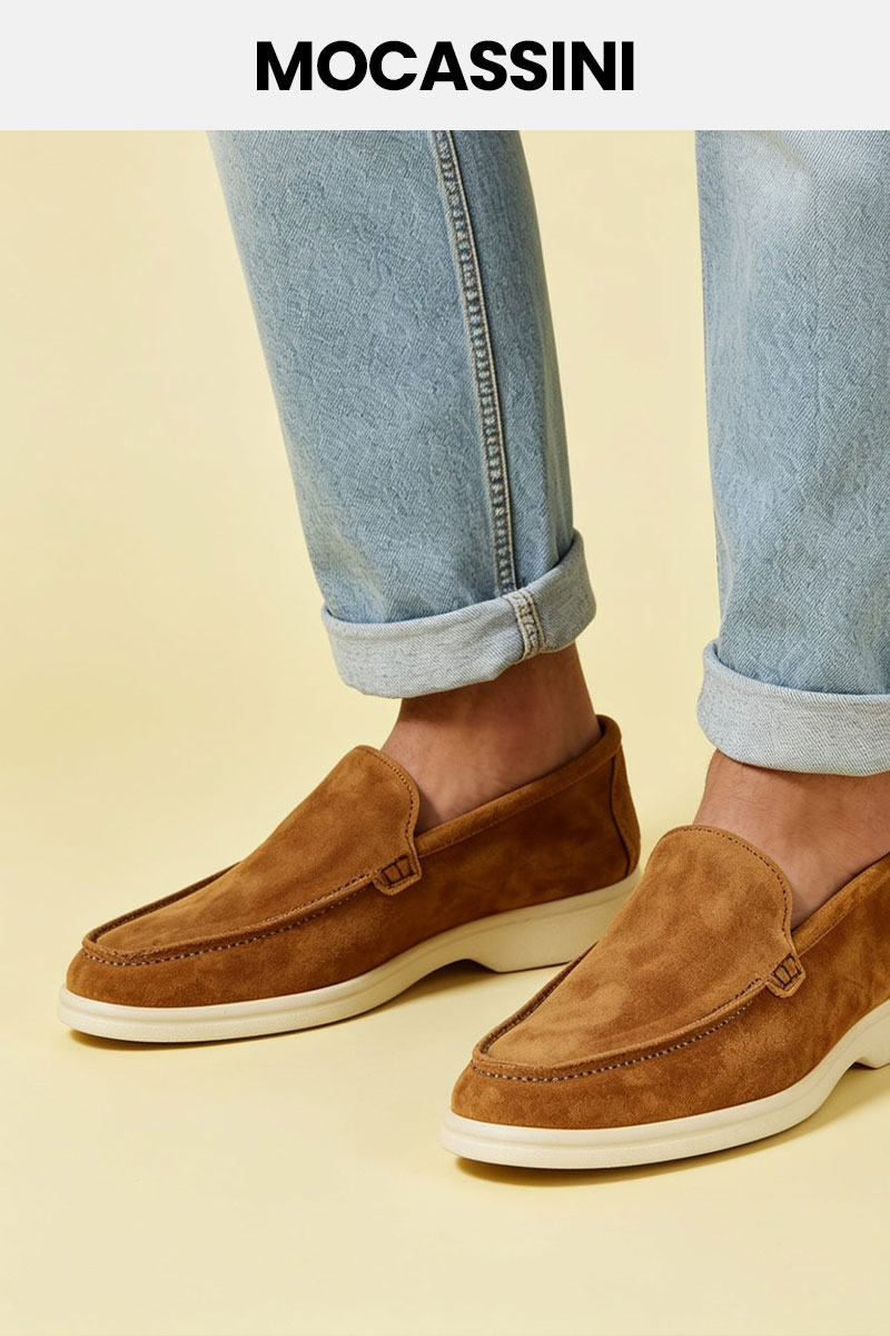 Brown suede moccasin loafers with cream rubber soles worn with rolled light-blue jeans on pale background
