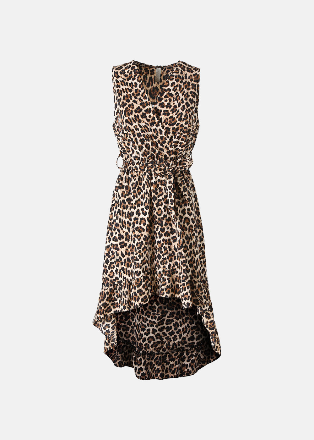 Women's sleeveless leopard-print tie-waist high-low midi dress in beige and brown on white background