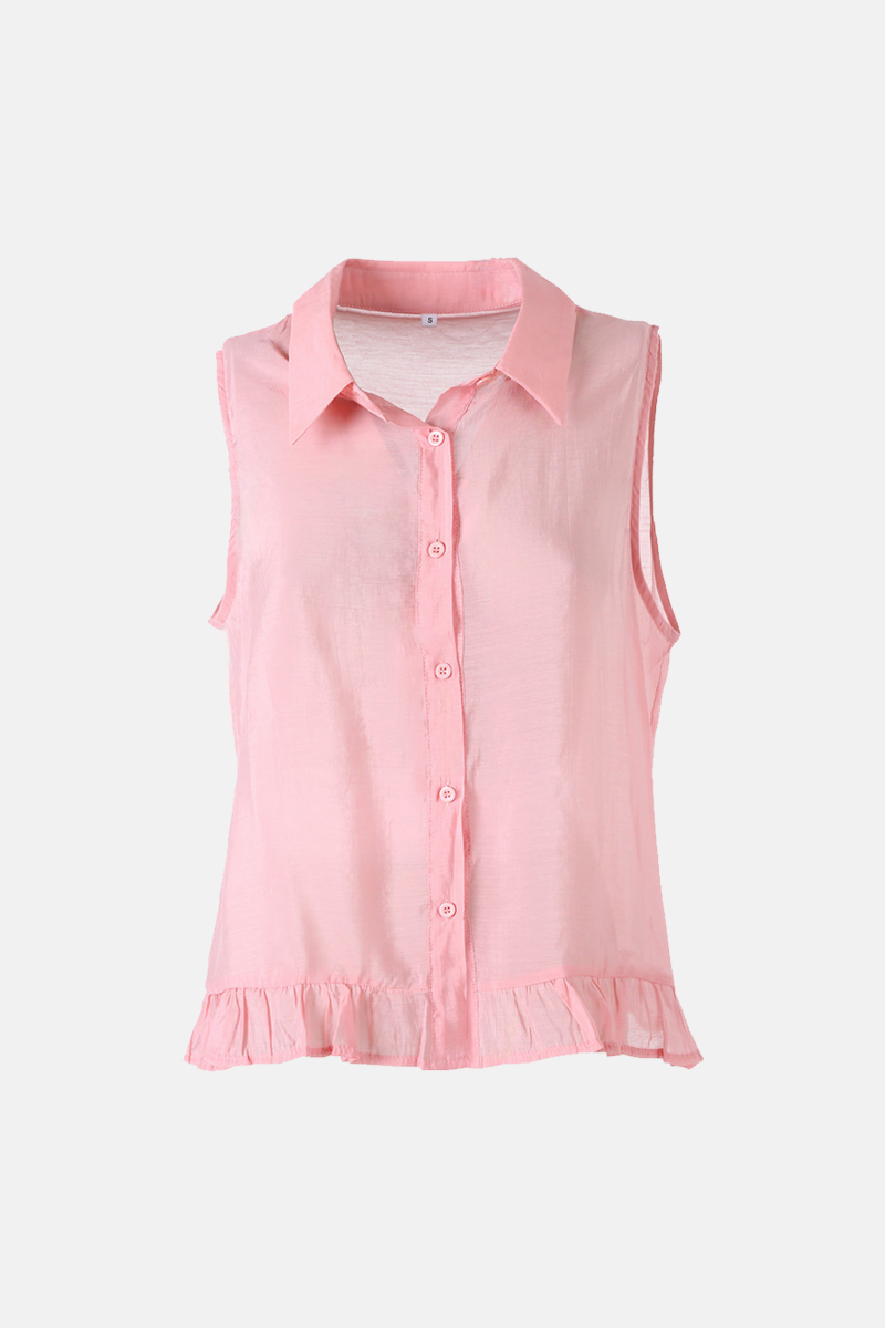 Pink sleeveless button-up blouse with pointed collar and ruffled hem on plain white background