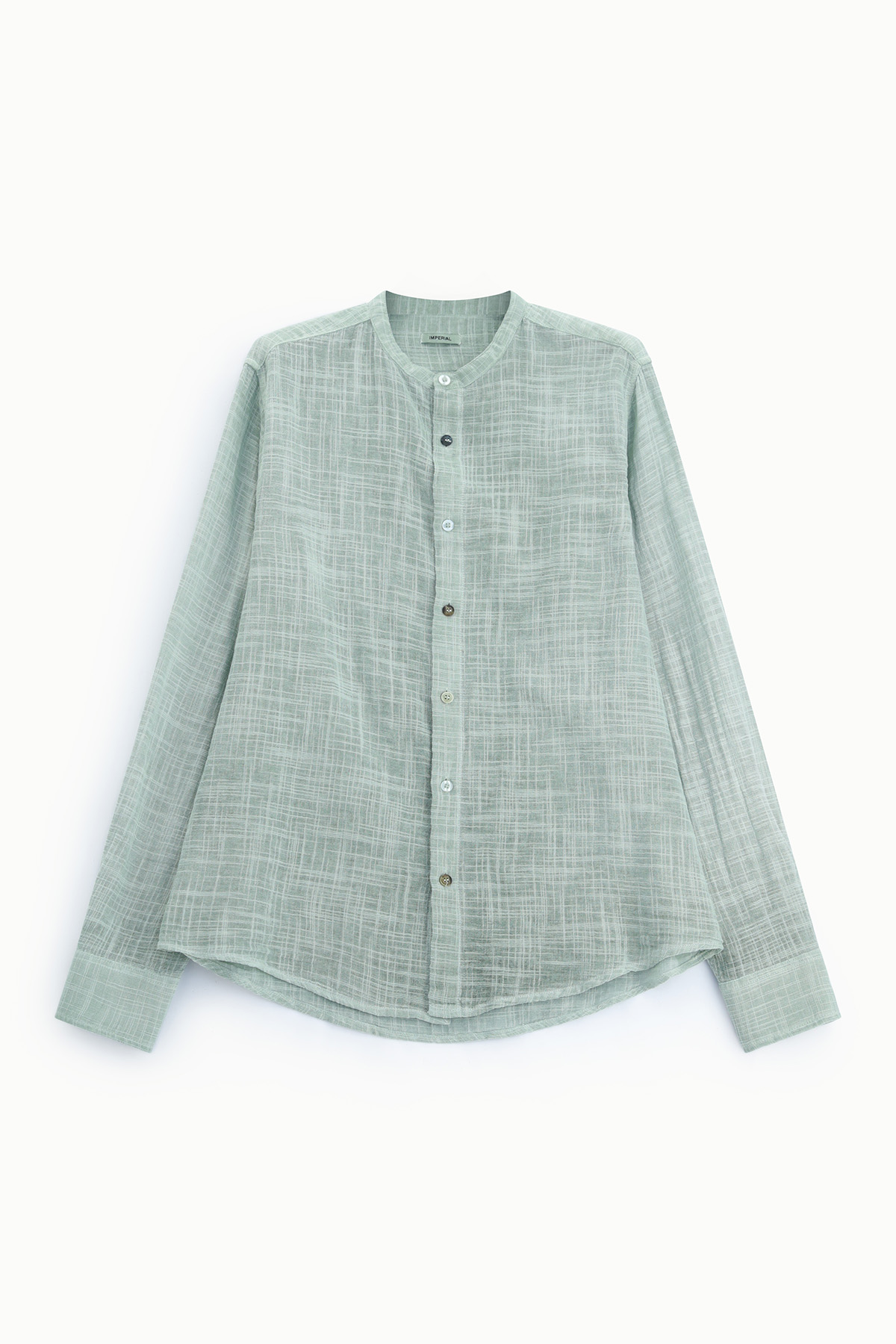 Pale green linen-blend mandarin-collar long-sleeve shirt with textured crosshatch pattern, button-front, flat-lay on white background