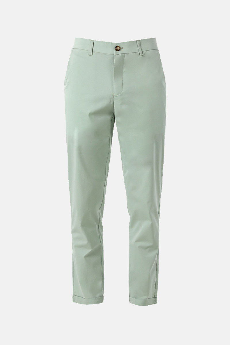 Women's mint-green slim-fit chino trousers, ankle-length with belt loops, button closure and side pockets