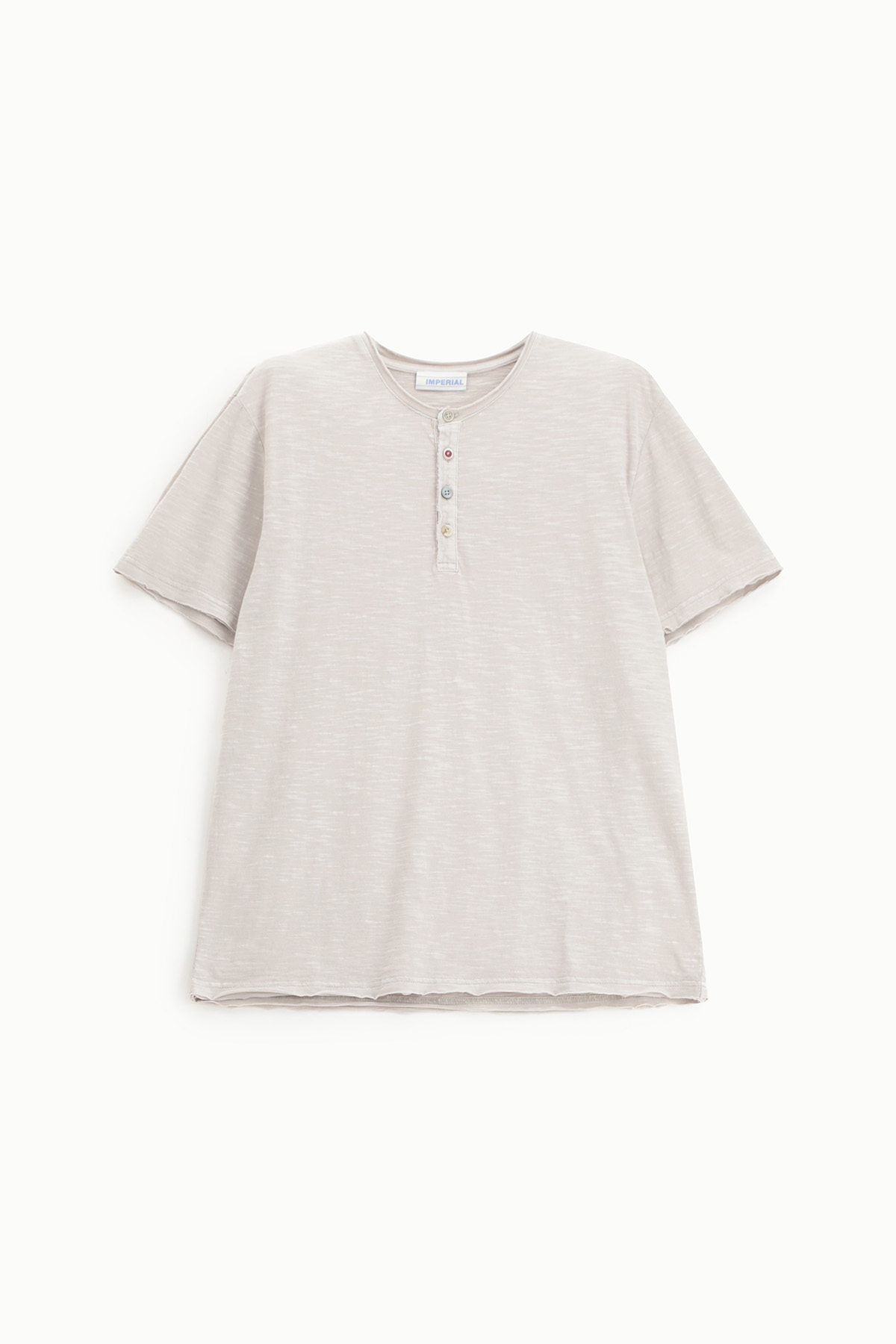 Light beige short-sleeve slub cotton Henley T-shirt with three-button placket, crew neck and raw-edge hem on white background