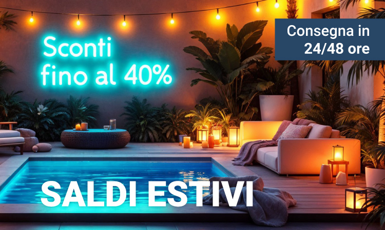 Cosy illuminated outdoor pool lounge at dusk with lanterns, showing promotional text 'Sconti fino al 40%' and 'Saldi Estivi'