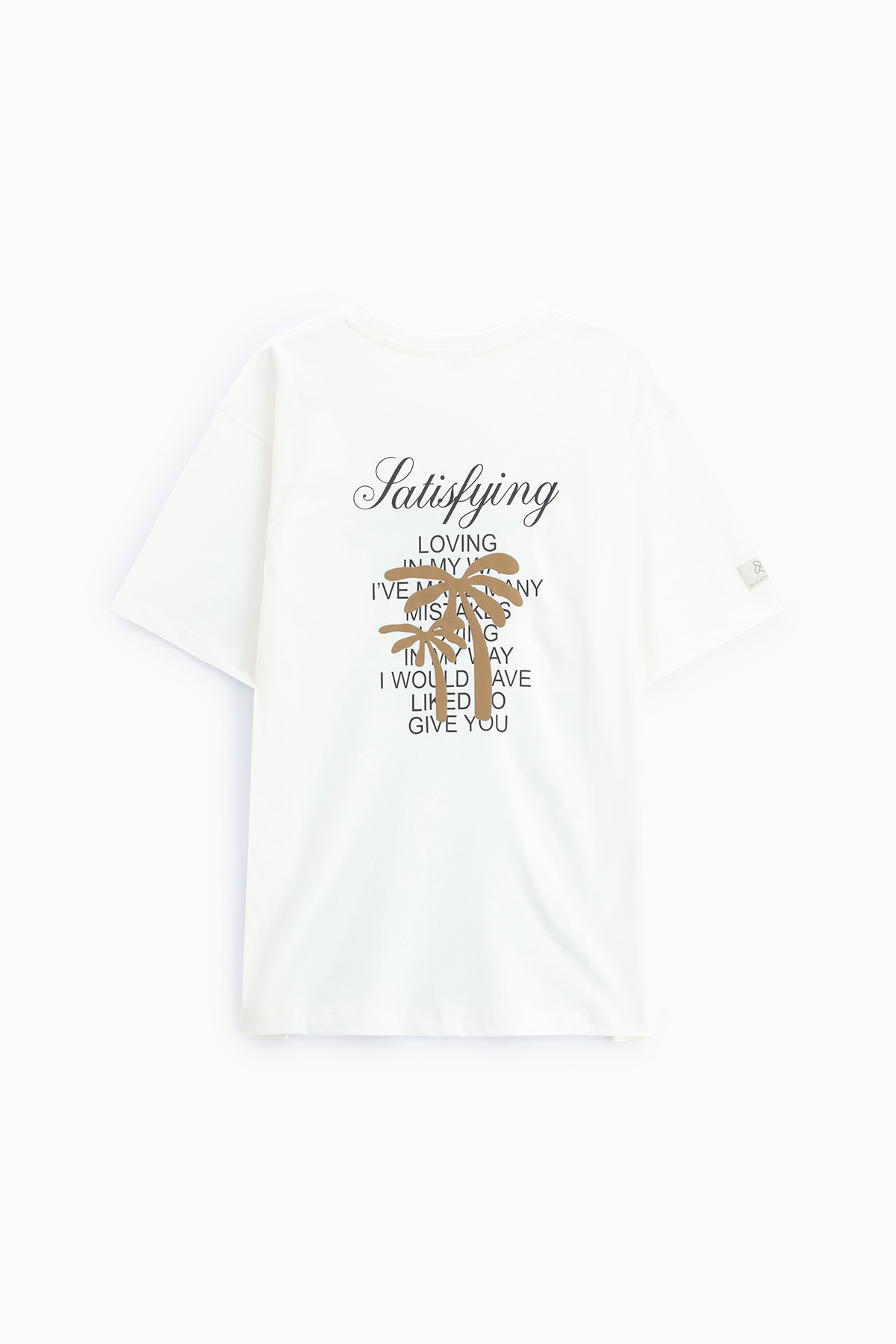 White crew-neck T-shirt back view with 'Satisfying' script, tan palm tree graphic and black stacked text print