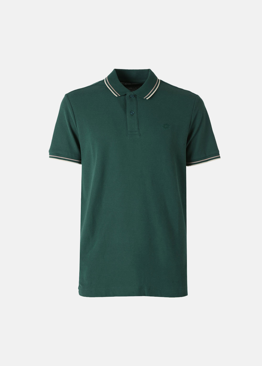 Dark green men's polo shirt with white double-tipped collar and cuffs, three-button placket and subtle embroidered logo