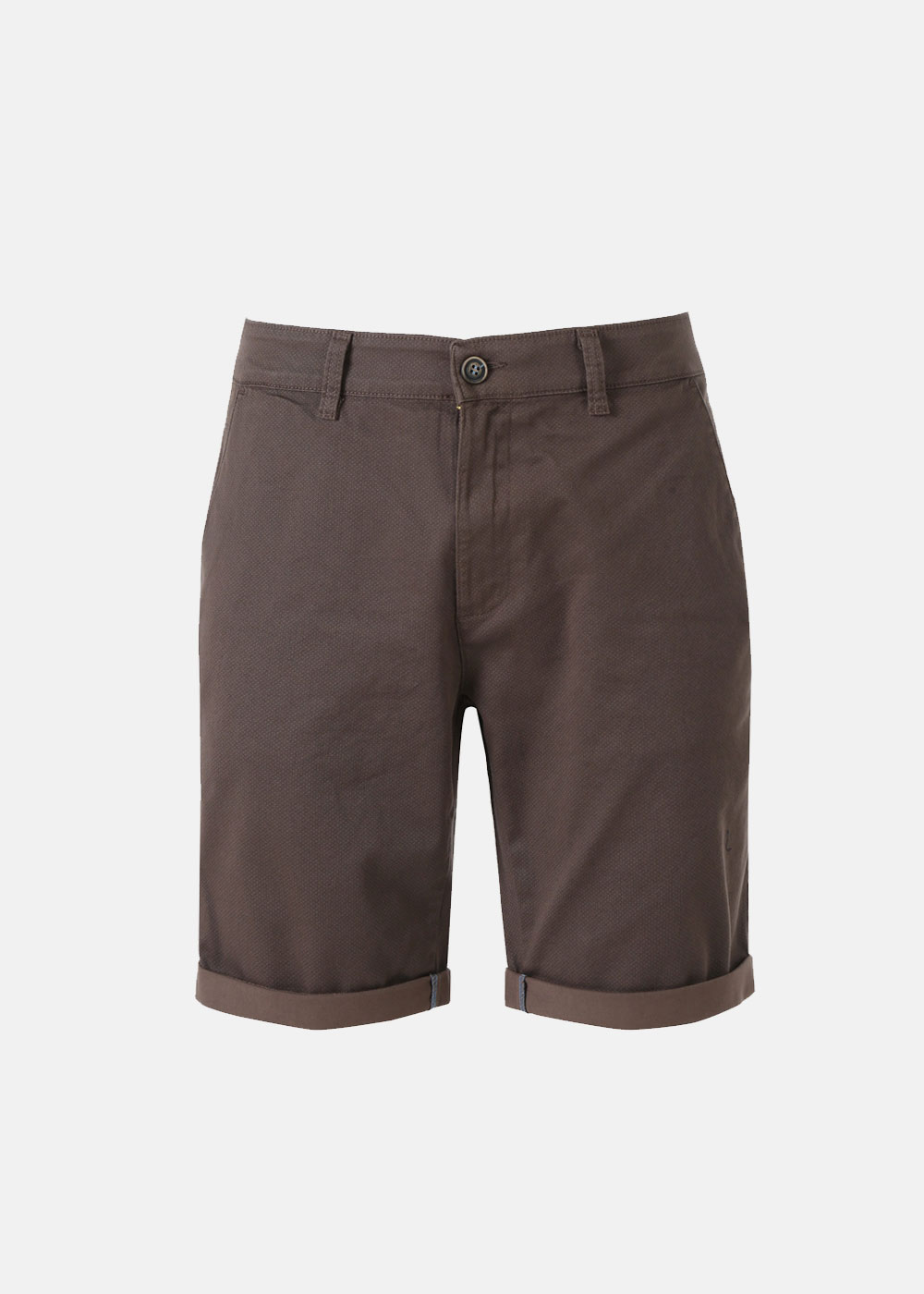 Front view of men's brown rolled-cuff chino shorts with belt loops and button fly on white background