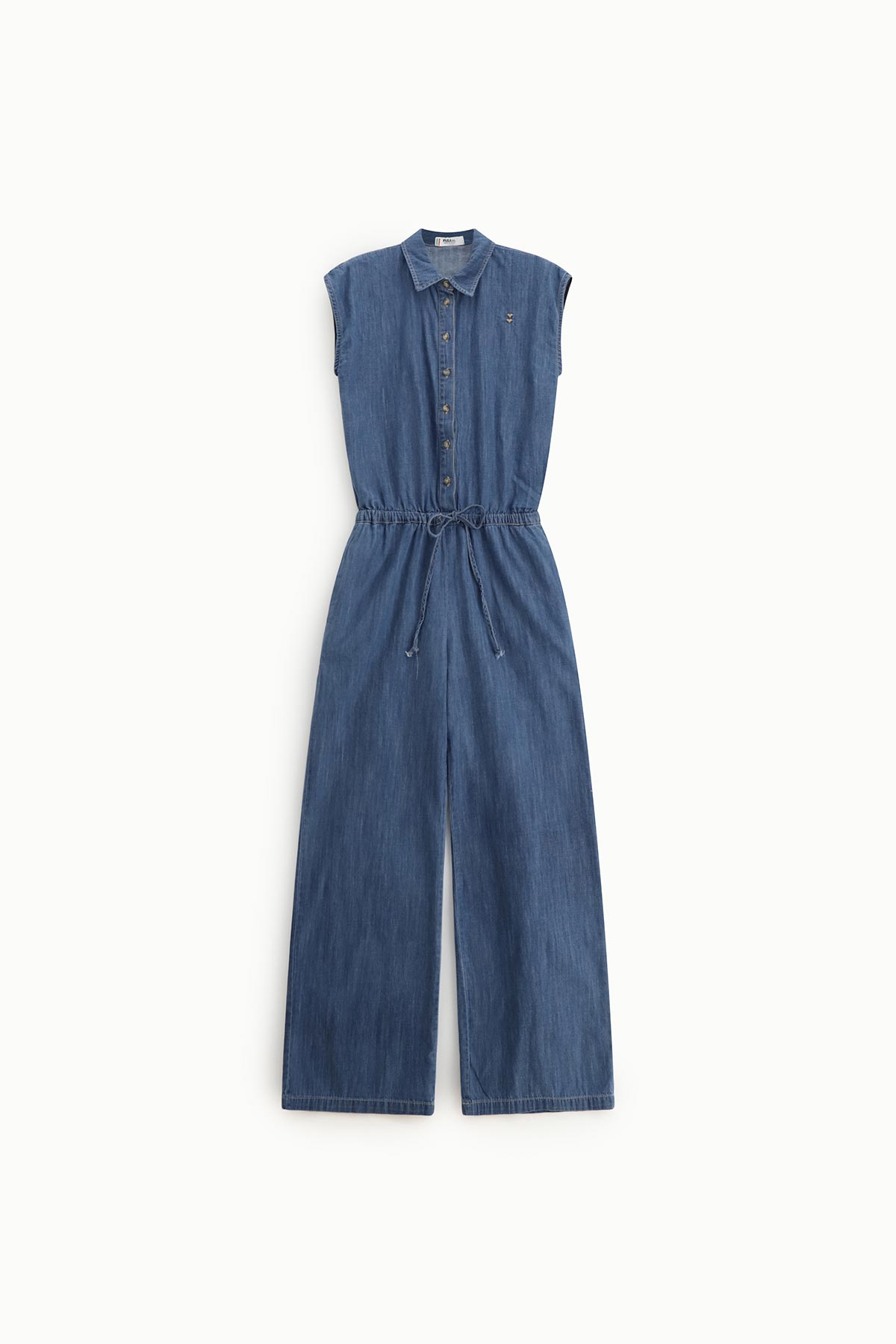 Sleeveless blue denim button-front jumpsuit with collar, drawstring waist and wide legs, laid flat on white background