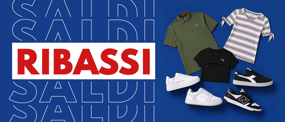 Flatlay of assorted casual shirts and trainers on a blue background beside a bold 'RIBASSI' sale sign (discounts)