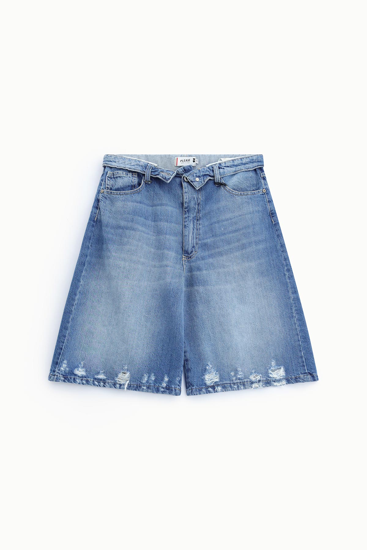 Light blue high-waist distressed denim shorts with wide A-line legs, frayed hem and front pockets
