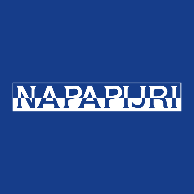 White Napapijri brand logo inside a rectangular outline on a deep blue background