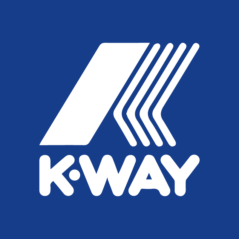 K-Way logo: white stylised K with layered chevrons above bold 'K-WAY' text on a solid blue background