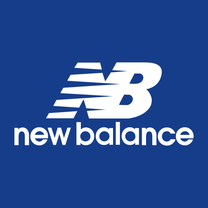 New Balance logo: white stylised 'NB' emblem above 'new balance' text on a solid blue background