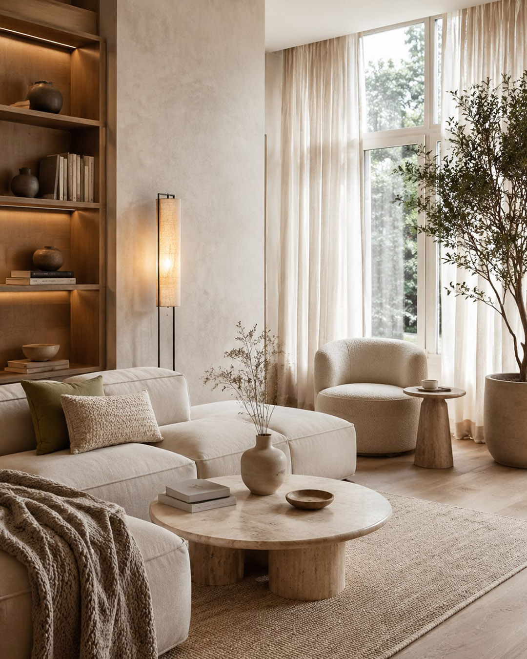 Neutral living room with cosy linen sofa, round stone coffee table, boucle armchair, floor lamp, shelving and large window