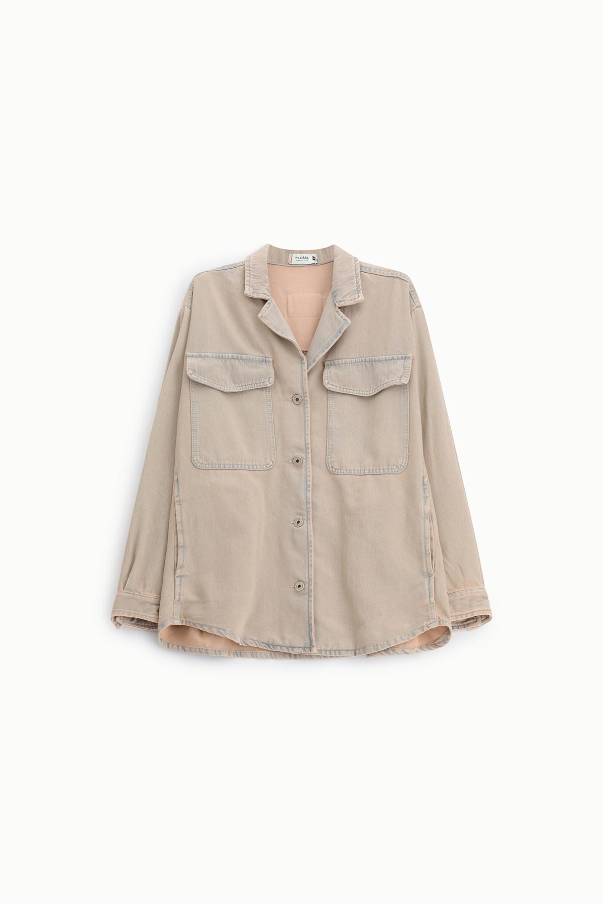Beige oversized denim shirt-jacket with long sleeves, button front and two flap chest pockets on white background