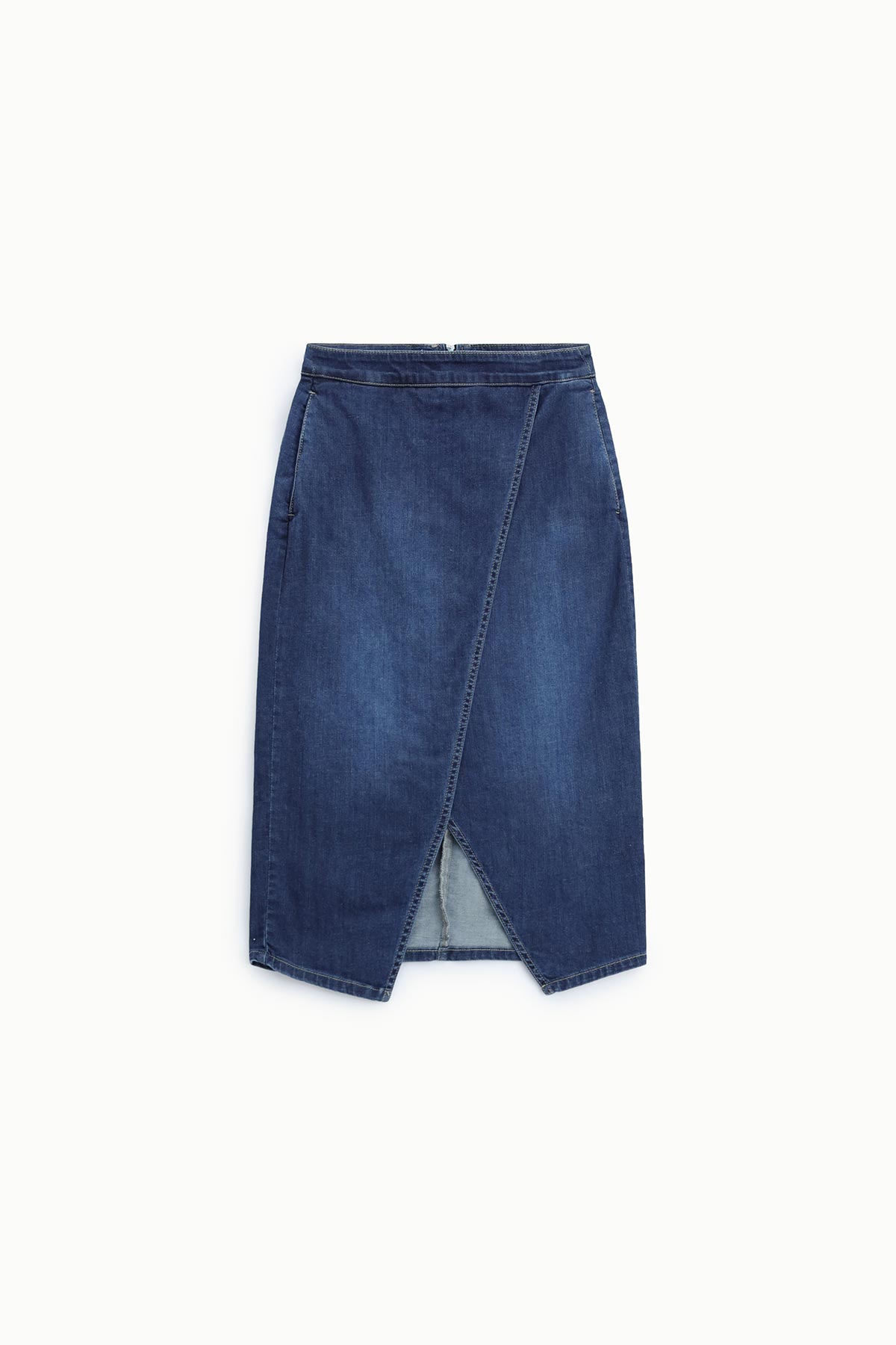 Dark blue denim midi pencil skirt with front wrap V-slit, high waist and side pockets