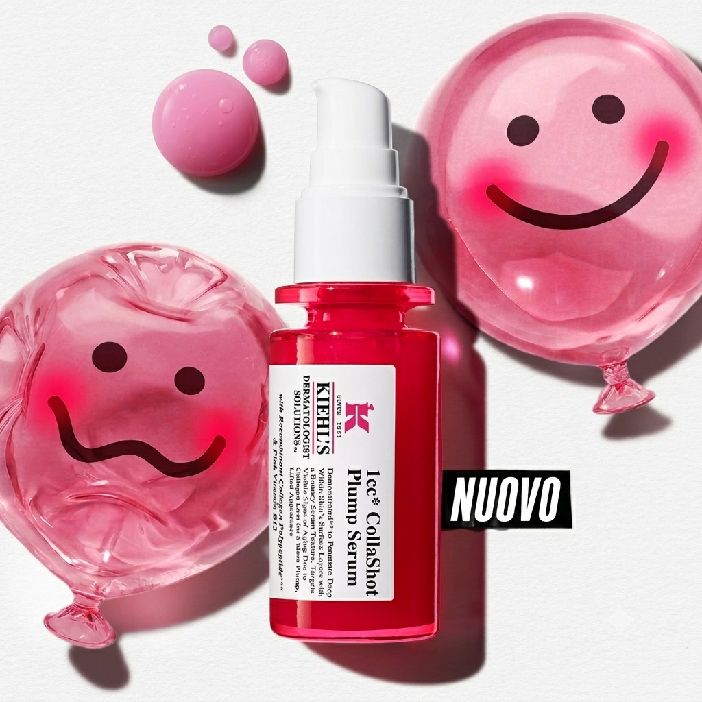 Siero rosa Kiehl's CollaShot Plump Serum affiancato da palloncini rosa sorridenti e la scritta "NEW".