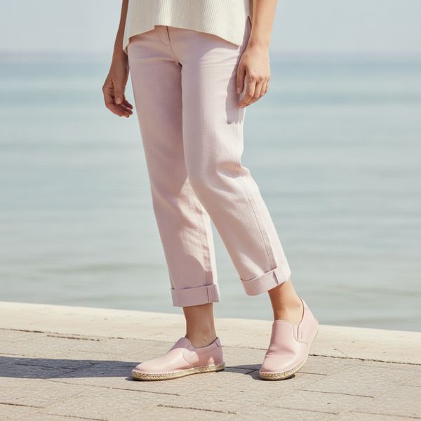 Cropped view of person wearing pale pink rolled-up trousers and pink slip-on espadrille shoes standing on a seafront promenade