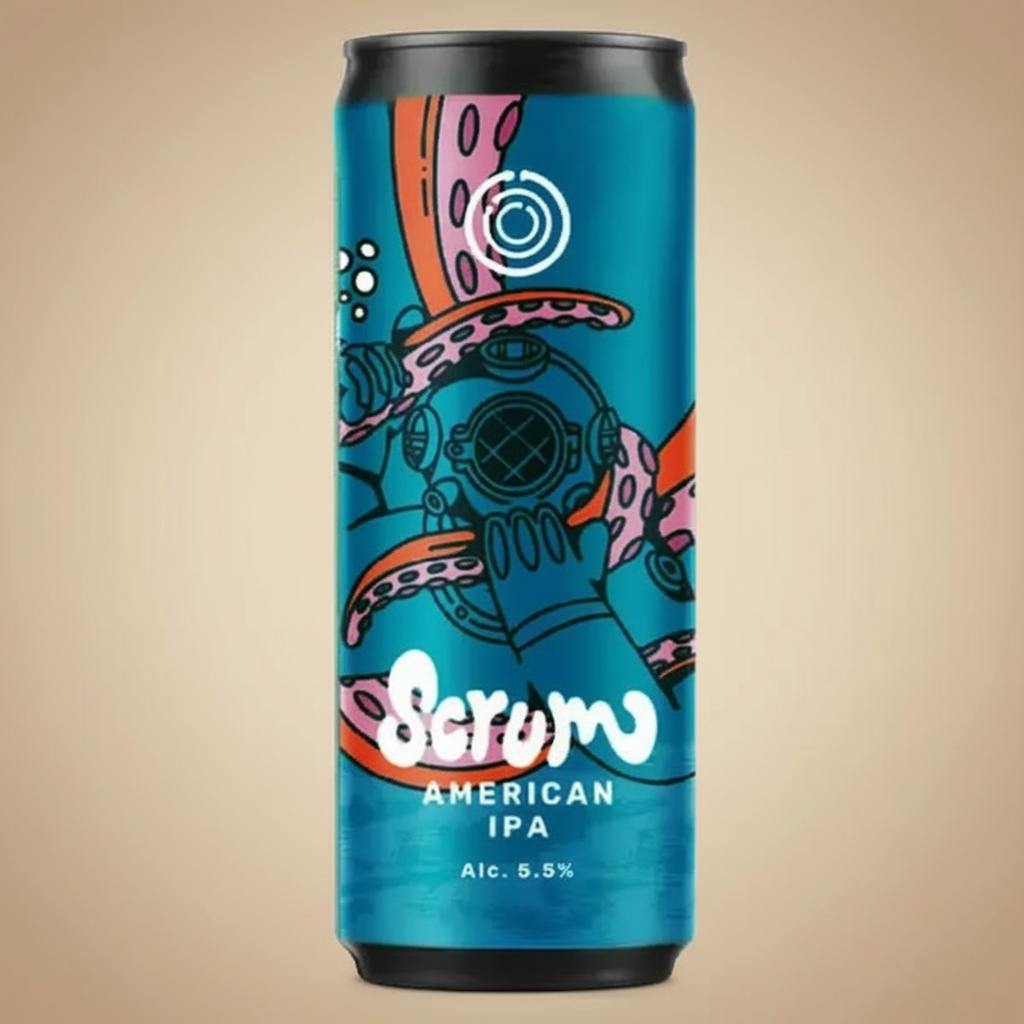 A can of Scrum American IPA with octopus and diver graphics.