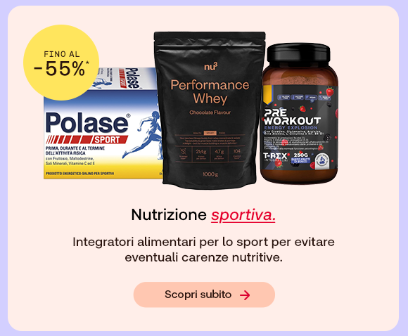 &ldquo;Integratori per lo sport Polase Sport, nu3 Performance Whey e Pre Workout con offerta fino al -55%. Testo: &lsquo;Nutrizione sportiva&rsquo; e pulsante &lsquo;Scopri subito&rsquo;.&rdquo;