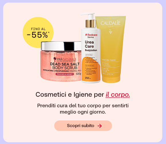 &ldquo;Prodotti per la cura del corpo, tra cui scrub Pranaturals, Redcare Urea Care e Caudalie Soleil des Vignes, con offerta fino al -55%. Testo: &lsquo;Cosmetici e igiene per il corpo&rsquo; e pulsante &lsquo;Scopri subito&rsquo;.&rdquo;