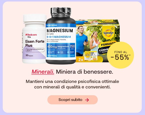 &ldquo;Integratori Redcare Eisen Forte, Vitastong Magnesium Complex e Supradyn con offerta fino al -55%. Testo: &lsquo;Minerali. Miniera di benessere&rsquo; e pulsante &lsquo;Scopri subito&rsquo;.&rdquo;