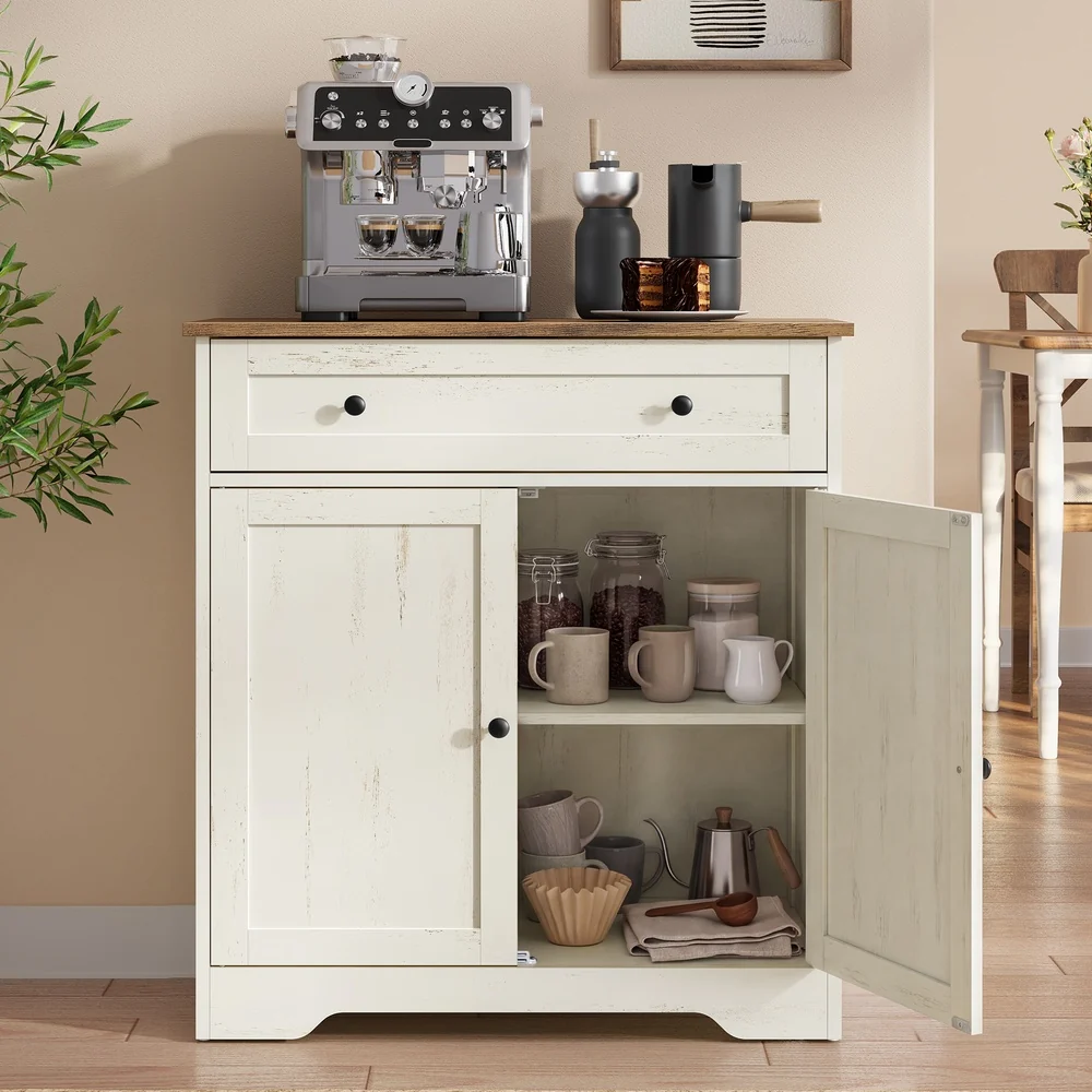 Image of Credenza con Cassetto e 2 Ante, Mobile Buffet in Stile Rustico con Ripiano Regolabile