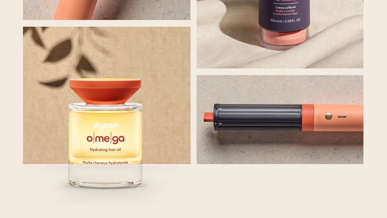 A collection of Dyson Beauty products and devices in Ceramic apricot colourway, and a model with styled hair.