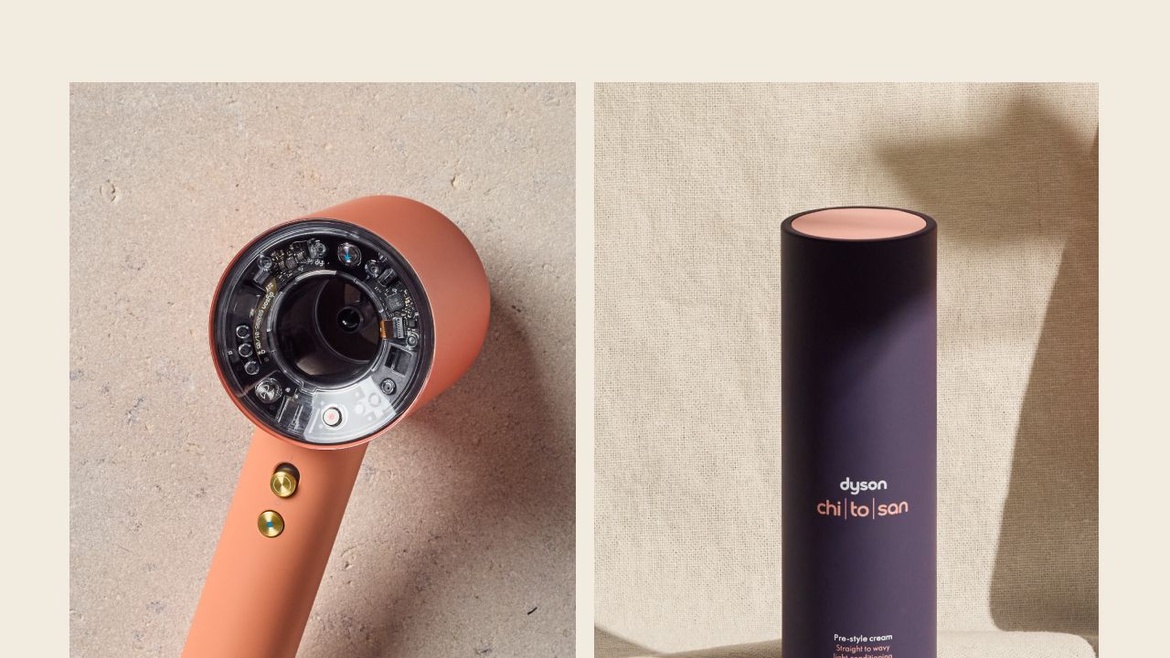 A collection of Dyson Beauty products and devices in Ceramic apricot colourway, and a model with styled hair.