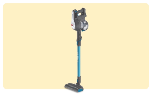 Lightweight cordless stick vacuum cleaner in teal with clear dust canister and motorised floor head, upright
