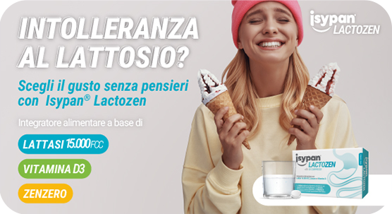 &ldquo;Donna sorridente con due coni gelato accanto a Isypan Lactozen. Testo: &lsquo;Intolleranza al lattosio? Scegli il gusto senza pensieri con Isypan Lactozen&rsquo;. In evidenza lattasi, vitamina D3 e zenzero.&rdquo;