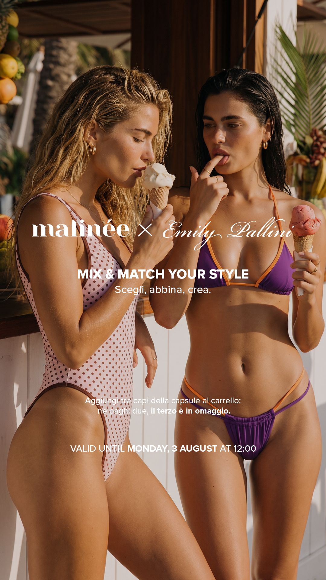 Two women in colourful swimwear enjoying ice cream at a sunny beach bar, summer fashion promo image