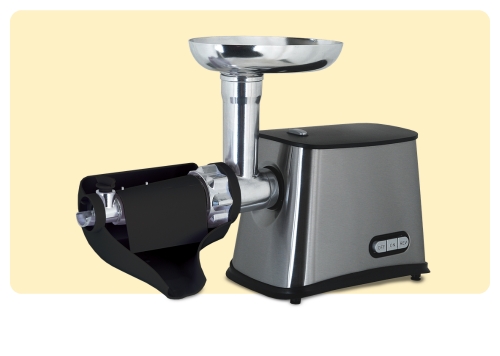Stainless-steel electric meat grinder with feeding tray and sausage-stuffer attachment on pale yellow background