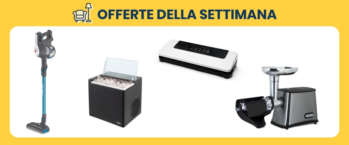 Weekly offers banner showing cordless stick vacuum, portable ice maker, vacuum sealer and electric meat grinder