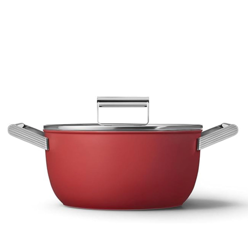 Cookware 50's Style Non-Stick High Saucepan With Lid In Aluminium - 24 cm / Red