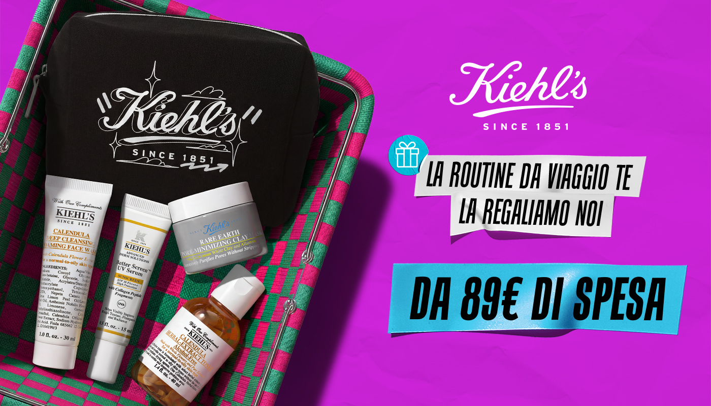 Promo Kiehl's: pochette e kit routine da viaggio in regalo con 89&euro; di spesa. "La routine da viaggio te la regaliamo noi".