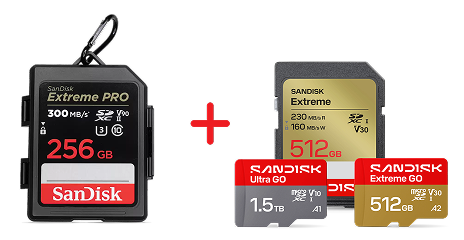 Custodia per scheda di memoria SanDisk Extreme PRO + scheda SD SANDISK Extreme da 512 GB, SANDISK Ultra GO microSD da 1,5 TB e SANDISK Extreme GO microSDXC da 512 GB