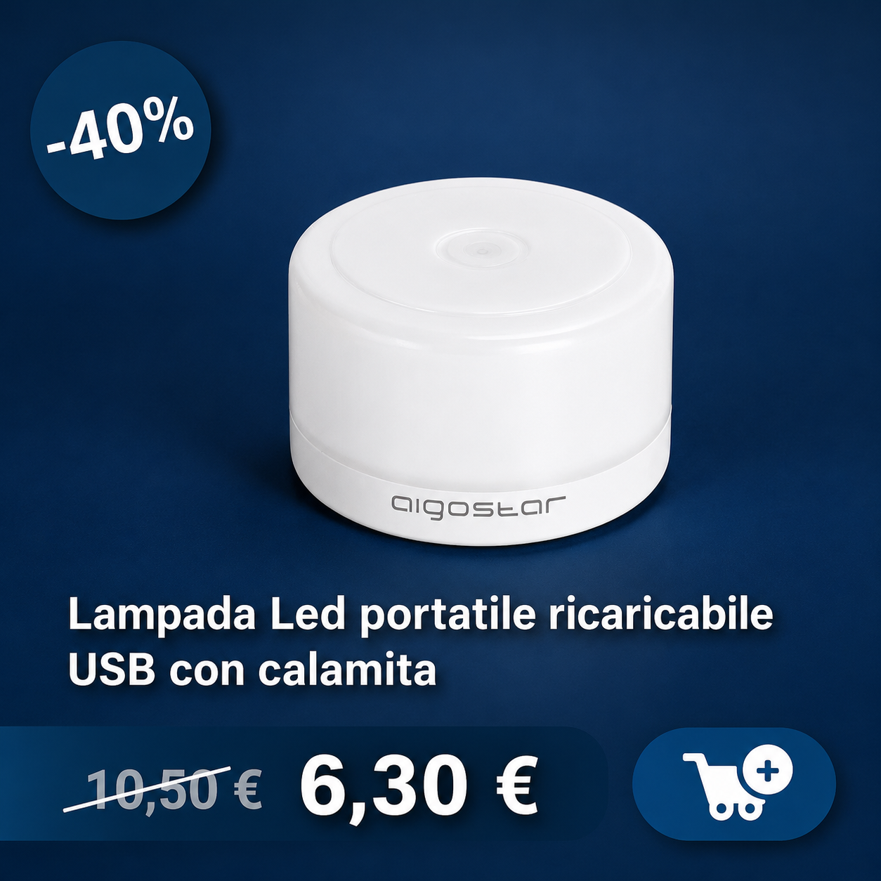 White rechargeable USB portable LED lamp with built-in magnet on dark blue background, -40% discount badge and sale price