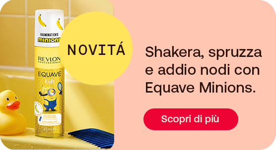 &ldquo;Spray districante Revlon Equave Kids Minions accanto a una paperella di gomma e a un pettine. Testo: &lsquo;Novit&agrave;. Shakera, spruzza e addio nodi con Equave Minions&rsquo; con pulsante &lsquo;Scopri di pi&ugrave;&rsquo;.&rdquo;