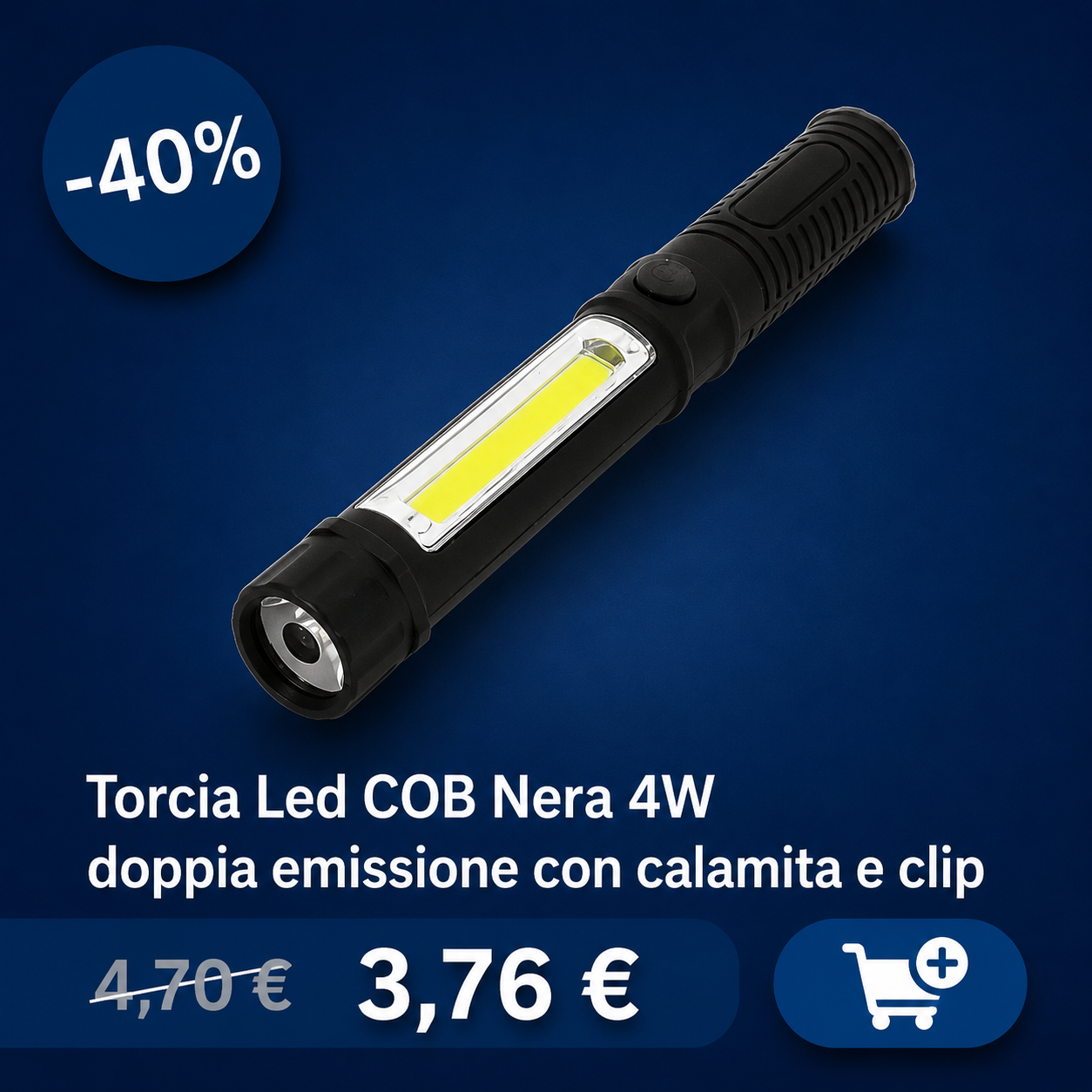 Black COB LED torch 4W with dual-beam illumination, built-in magnet and clip, displayed with a 40% off badge
