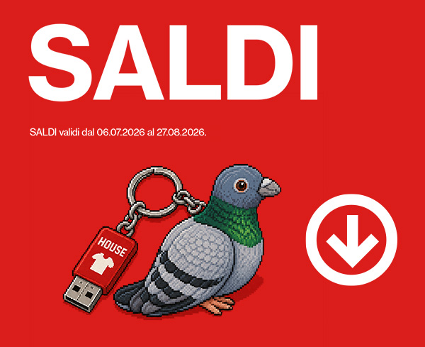 SALDI. Portachiavi a forma di piccione con chiavetta USB House e freccia verso il basso.