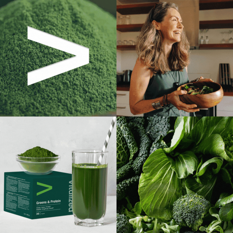 alt="Collage che mostra una donna che beve un frullato verde, una donna che sorride mentre prepara le verdure, un prodotto & proteico vitalizzato in polvere con un bicchiere e verdure a foglia verde»