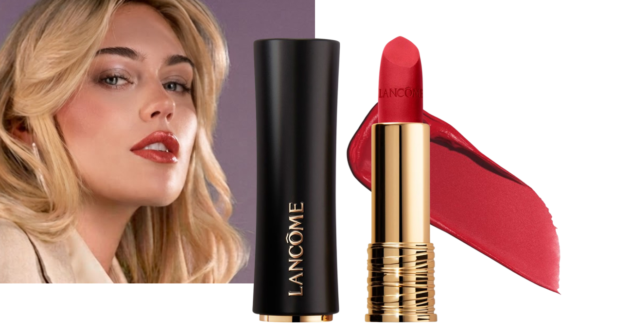 Motivo beauty raffigurante una persona che indossa un rossetto rosso, affiancata da un rossetto Lancôme aperto di colore rosso acceso. Dietro al prodotto è presente una striscia di colore rosso che esemplifica l’intensità del rossetto.