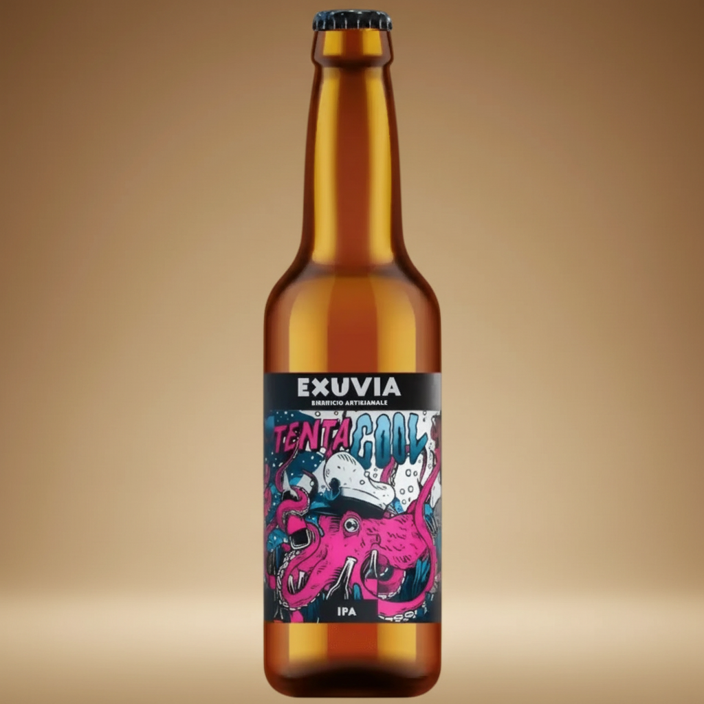 A bottle of Exuvia Tentacool IPA beer with a pink octopus on the label.